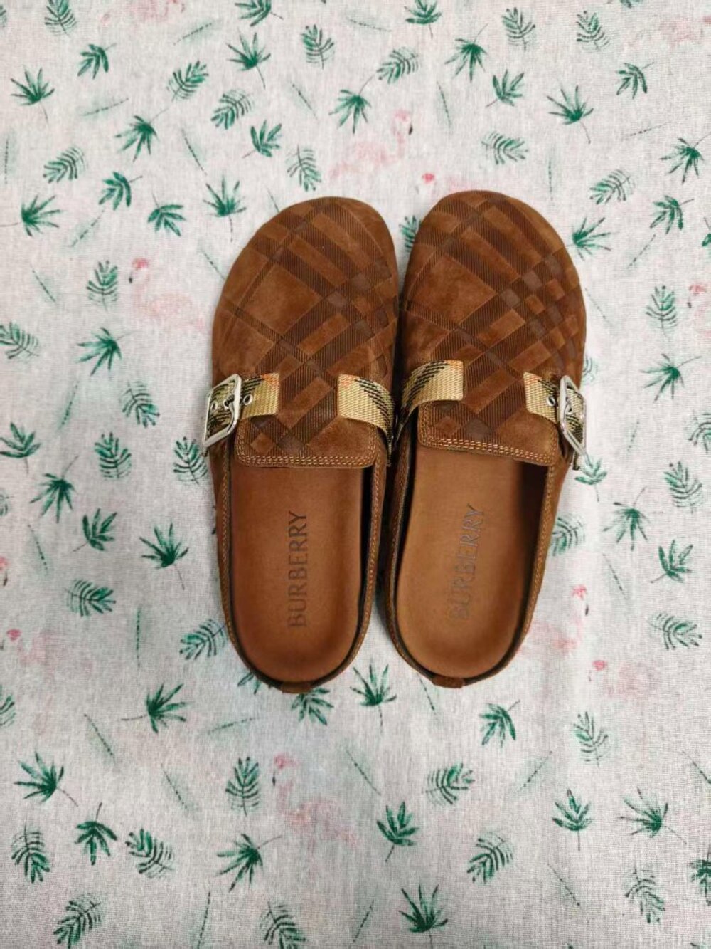 Burberry Brown Check Suede Mule Clogs Unisex Buckle Slide